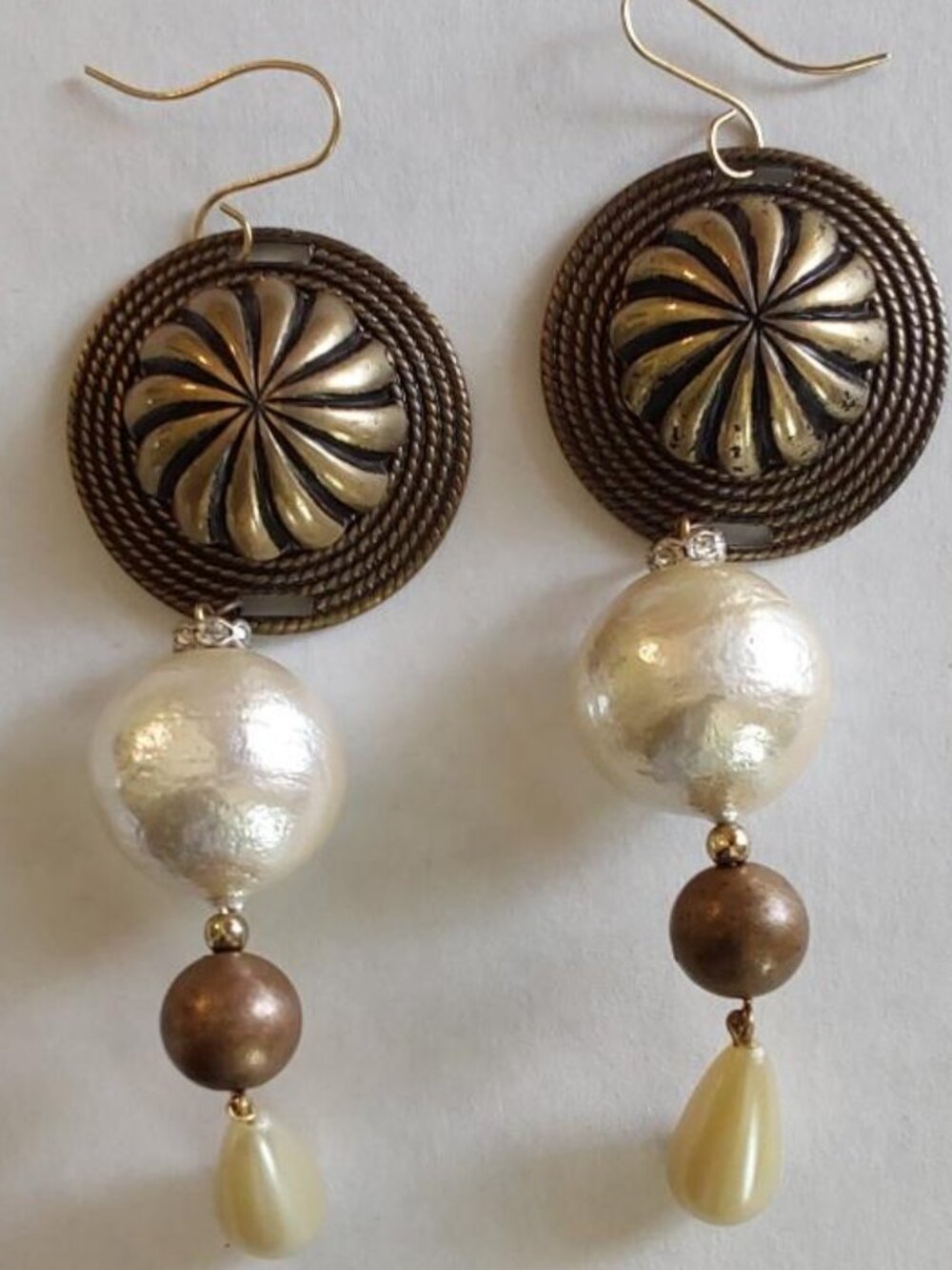 Vintage Brass Tone and Faux Pearl Dangle Earrings